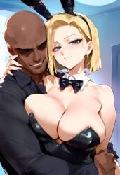 1boy 1girls ai_generated android_18 animal_ears bald bare_shoulders beard black_leotard black_shirt blonde_hair blue_eyes blush bow bowtie breasts bunny_ears bunnysuit cheating_wife cleavage clothing completely_nude curvaceous curvaceous_female curvaceous_figure curvy curvy_figure dark-skinned_male dark_skin detached_collar dragon_ball dragon_ball_super dragon_ball_z earrings faceless faceless_male facial_hair fake_animal_ears female female_focus formal hoop_earrings hug husband_and_wife interracial jewelry large_breasts leotard light-skinned_female looking_at_viewer male nakatori netorare ntr parted_lips playboy_bunny shirt short_hair smile straight strapless strapless_leotard suit voluptuous voluptuous_female