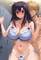 ai_generated black_hair blind blind_girl blush bra breast_grab breasts clothed_female_nude_male embarassed empty_eyes female gastkeser82 groping groping_from_behind kawana_misaki large_breasts light_blue_bra light_blue_panties long_hair navel nude_male one:_true_stories panties parted_lips pervert purple_eyes rape_face sneaky thighhighs white_thighhighs