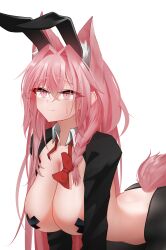 alternate_costume animal_ear_fluff animal_ears arknights bent_over bow bowtie braid breasts cleavage crossed_bangs detached_collar epitaph_(ryaf8834) eyes_visible_through_hair fake_animal_ears female hair_between_eyes hair_intakes large_breasts long_hair long_sleeves looking_up meme_attire open_collar pink_eyes pink_hair pink_tail playboy_bunny pozyomka_(arknights) rabbit_ears red_bow red_bowtie reverse_bunnysuit reverse_outfit shrug_(clothing) simple_background solo sweatdrop tail traditional_bowtie undone_bowtie white_background