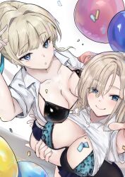 2girls ahshi_(yingchuan_songshu) asuna_(blue_archive) balloon bare_arms bare_chest bare_hands bare_skin bare_thighs bikini bikini_top black_bikini black_bikini_top black_string_bikini black_swimsuit black_swimwear blonde_eyebrows blonde_female blonde_hair blonde_hair blonde_hair_female blue_archive blue_bra blue_eyes blue_eyes_female blue_underwear bra breasts cleavage collarbone dot_nose elbows eyebrows_visible_through_hair female female_focus female_only fingers half_naked held_up high_resolution highres hourglass_figure lace_bra lace_underwear laced_bra laced_underwear large_breasts legs light-skinned_female light_skin lips long_hair looking_at_viewer medium_breasts mole mole_on_breast multiple_females multiple_girls naked naked_female nude nude_female parted_bangs shirt shoulders simple_background slender_body slender_waist slim_girl slim_waist smile smiling smiling_at_viewer standing string_bikini swimsuit swimwear thighs thin_waist toki_(blue_archive) unbuttoned unbuttoned_shirt underwear upper_body white_background white_shirt wide_hips