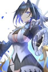 big_breasts blue_eyes blue_hair breasts cleavage female hololive hololive_english hololive_english_-council- hololive_english_-promise- huge_breasts large_breasts ouro_kronii solo underboob virtual_youtuber weyas_kayur