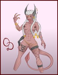 1girls 3_hands boobs brown_eyes demon_girl dreds ear_ring female fishnet four_fingers gloves gold_jewelry golden_bracelet gray_hair hairless_pussy horn horn_ring horned_humanoid horns horny_female humanoid jewelry long_tongue multi_arm multi_eye multi_limb nude_female oracle_dominus pierced_nipples pierced_tongue piercing piercing_fetish solo_female tagme tail tits