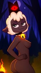 :3 ai_generated anthro ass bell breasts choker crown cult_of_the_lamb female fire forest lamb_(cult_of_the_lamb) looking_at_viewer nsfw outdoors rule_63 smug standing