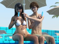 1boy 1girls 3d belly big_belly bikini black_hair cleavage female hayase_nagatoro male naoto_hachioji_(senpai) outie_navel please_don't_bully_me,_nagatoro pregnant sandsage tan tan-skinned_female tanned