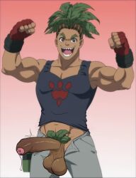 beyblade_x dark-skinned_male gloves green_hair leaf_hair leaf_pubes muscular_male rex_jura ricumm sharp_teeth solo_male tank_top