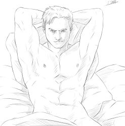 1boy adonis_belt bed bedroom_eyes blanket flexing_muscles in_bed lion_(rainbow_six) male_only muscular muscular_male no_visible_genitalia posing rainbow_six_siege renegadespecter solo solo_male uncolored v-line