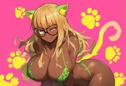 ai_generated animal_print bikini cat_ears corruption dark-skinned_female enemy_conversion gyaru large_breasts leopard_print lordem persona_5 sakura_futaba yellow_eyes