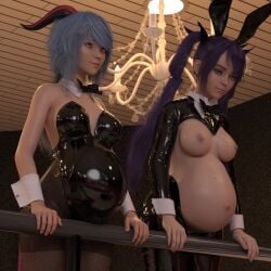 2girls 3d belly big_belly blue_hair breasts bunny_ears bunnysuit female horn horns multiple_girls multiple_pregnancies nipples pregnant purple_hair sandsage