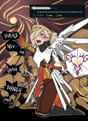 ball_of_light blonde_hair blue_eyes crying_with_eyes_open english_text fully_clothed healing healslut intense_orgasm mercy orgasm_face overwatch overwatch_2 ponytail pubic_tattoo reddit_comment zennygone