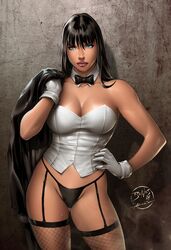 00s 1girls 2000s 2009 abraao_lucas black_hair blue_eyes cleavage corset dc dc_comics ed_benes ed_benes_studio female female_only fishnet garter_straps gloves hand_on_hip long_hair looking_at_viewer panties solo standing straight_hair tailcoat thighhighs zatanna zatanna_zatara