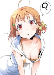 1girl ? ahoge ajishio bangs blush bow bra braid breasts brown_hair cleavage downblouse female hair_ornament hood hoodie leaning_forward looking_at_viewer love_live! love_live!_sunshine!! nipple_slip nipples open_mouth red_eyes short_hair side_braid simple_background sleeveless sleeveless_hoodie solo takami_chika tied_hair underwear white_background