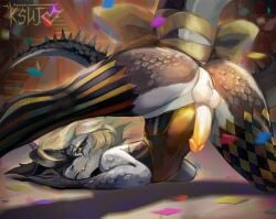 accessory anthro ass ass_up big_butt black_body black_hair bodysuit bodysuit_aside bow_ribbon butt_focus circus circus_tent claws clothed clothing confetti dragon furgonomics genital_focus genitals gold_body grey_body grey_skin hair hi_res horn jack-o'_pose ksujo legwear looking_at_viewer male mythological_creature mythological_scalie mythology penis penis_focus pose ribbons scales scalie skinsuit smile solo spiked_tail spikes spikes_(anatomy) split_color spotlight spread_legs spreading stage stockings stripe_pattern tail tail_accessory tail_bow tail_ribbon tent thick_thighs tight_clothing white_hair yellow_penis