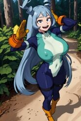 1girls 5_fingers ai_generated aindroidparanoid blue_eyes blue_hair bodysuit covered_nipples erect_nipples female forest hadou_nejire huge_breasts nejire_hado png salute smile solo stable_diffusion standing tight_bodysuit