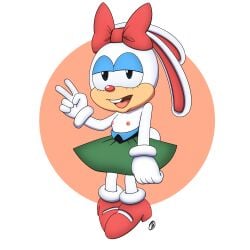 bow_ribbon buckteeth carrotia_the_rabbit flashing flashing_breasts hairbow innotsu makeup nipples skirt small_breasts sonic_(series) sonic_the_hedgehog_(series) teeth tired_eyes v_sign