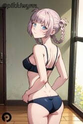 ai_generated ass back bangs black_bra black_panties blue_eyes blunt_bangs blush bra braid breasts call_of_the_night closed_mouth cowboy_shot female from_behind hair_rings indoors looking_at_viewer looking_back medium_breasts nanakusa_nazuna panties pikkiwynn pink_hair ringed_eyes shoulder_blades skindentation solo standing thighs underwear underwear_only window yofukashi_no_uta