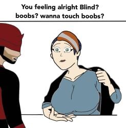 asking_for_it beard big_breasts blind_peacock_(blindpeacockdraws) blind_peacock_draws blind_peacock_draws_(artist) blue_hair boobs?_wanna_touch_boobs? breasts drool drool_string drooling female female/male female_human green_eyes hair_to_the_side horns human human_form jacket jacket_open lips male male/female meme meme_reference old_art opening_jacket orange_hair original original_art original_artwork original_character original_characters question_mark questionable_consent rare_(blindpeacockdraws) repost shaved_side superhero t-shirt t_shirt tattoo tattoo_on_arm tattooed_arm upper_body wrapped_arms