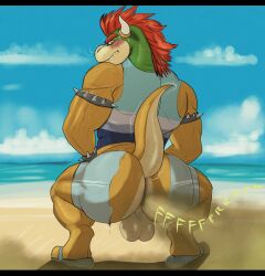 anthro anus ass balls beach big_butt bowser clothed clothing crouching fart fart_cloud flip_flops footwear gassy genitals koopa kurtis496 looking_at_viewer looking_back looking_back_at_viewer male male_only mario_(series) muscular muscular_male nintendo raised_tail sand sandals scalie sea sky smelly solo tail thick_thighs wardrobe_malfunction water