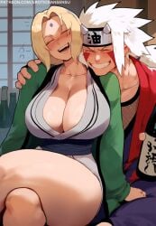 1boy 1girls ai_assisted ai_generated alcohol before_sex between_legs big_breasts blonde_hair blush breasts closed_eyes closed_mouth crossed_legs cuddling drunk drunk_bubbles erotic_nansensu female grin hand_on_shoulder haori huge_breasts japanese_clothes jiraiya kimono large_breasts laughing makeup male male/female mature_woman milf naruto naruto_(classic) naruto_(series) naruto_shippuden no_bra no_bra_under_clothes oppai pervert pervert_male sagging_breasts sake sake_bottle sitting sitting_on_lap sitting_on_person smile straight taking_advantage thick_thighs thighs tsunade voluptuous voluptuous_female wafuku watermark white_hair