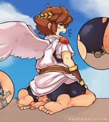 1boy ass balls barefoot big_ass brown_hair cum cumming feet foot_fetish foot_worship giant kid_icarus macro madheadvoice male male_focus nintendo penis pit pit_(kid_icarus) size_difference solo_focus