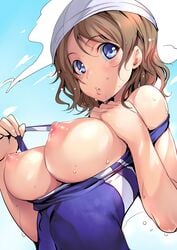 ajishio blue_eyes blush breasts breasts_out brown_hair erect_nipples female female_only grey_hair human large_breasts looking_at_viewer love_live! love_live!_sunshine!! nipples off_shoulder one-piece_swimsuit short_hair solo swim_cap swimsuit upper_body watanabe_you wet