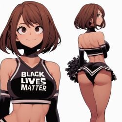 ai_generated big_breasts black_lives_matter cheerleader cheerleader_uniform light-skinned_female midriff my_hero_academia ochako_uraraka queen_of_spades raceplay round_ass