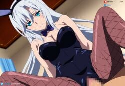 ai_generated big_breasts blue_eyes blush bunny_ears bunnysuit juanpi_amvs la_folia_rihavein legs_open long_hair patreon patreon_username penetration riding riding_penis sex silver_hair strike_the_blood thighs watermark