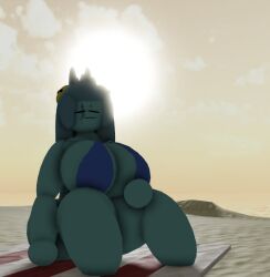 3d beach_towel big_breasts bikini goofylookin lucia_(goofy_lookin) roblox scar_across_eye self_upload solo_female sunset tagme teal_skin