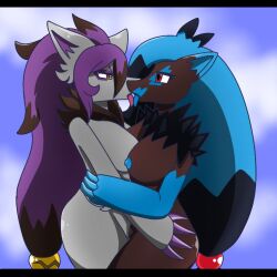 anthro barely_visible_genitalia barely_visible_pussy blue_nipples breast_squish breasts claws female female/female generation_5_pokemon genitals holding_another hug kissing licking_tongue lilith_the_zoroark_(artist) nintendo nipples pokemon pokemon_(species) pussy red_eyes shiny_pokemon simple_background sky squish tongue tongue_out yellow_eyes zoroark