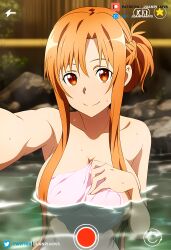 ai_generated big_breasts brown_eyes brown_hair hair_tied juanpi_amvs long_hair onsen patreon patreon_username selfie selfie_pose smiling sword_art_online towel_only water watermark yuuki_asuna