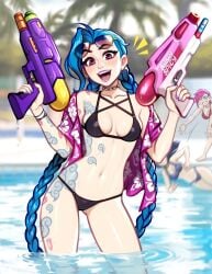 3girls arcane arcane_caitlyn arcane_jinx arcane_vi blushypixy blushyspicy caitlyn_kiramman female female_only holding_object human jinx_(league_of_legends) league_of_legends league_of_legends:_wild_rift looking_at_viewer multiple_girls riot_games solo_focus swimsuit swimwear underwear url vi