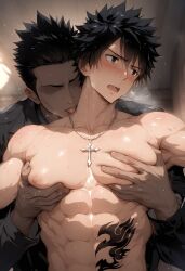 abs ai_generated aru_(pixiv1293902) big_pecs black_hair blush cross_necklace erect_nipples fairy_tail gay gray_fullbuster large_pectorals male male/male male_focus male_only muscular muscular_male nipples pecs pecs_grab pecs_touching pectorals tattoo yaoi