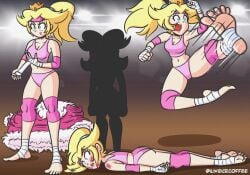 2girls alternate_hairstyle barefoot bikini blonde_hair blood blue_eyes bruise bruised bruises catfight crown duo duo_female duo_focus faint fainted feet female female_only fight ilikeicecoffee kick kicking knocked_out lying_on_stomach mario_(series) mma multiple_girls multiple_views nintendo on_stomach ponytail princess princess_daisy princess_peach solo_focus sports_bikini sports_bra sports_uniform sportswear tagme tied_hair unconscious