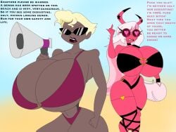 2girls agent_two beach bikini black_choker black_swimsuit blonde_hair breasts choker curvaceous curvy_female demon_girl demon_horns demon_humanoid demoness dialogue duffel_bag duo duo_focus english_text female female_only flipping_off flipping_the_bird heart_sunglasses helluva_boss huge_breasts human large_breasts long_hair mastzer21 medium_hair megaphone middle_finger no_tail no_wings pink_hair pink_skin succubus succubus_horns sunglasses swimsuit thick_thighs verosika_mayday_(helluva_boss) very_long_hair vivienne_medrano vivziepop wide_hips