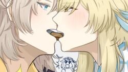 1boy 1girls albedo_(genshin_impact) blonde_hair blue_eyes chocolate eating female genshin_impact kissing lumine_(genshin_impact) male male/female sharing_food straight sweet