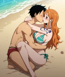 1boy1girl ai_generated beach big_breasts bikini black_hair curvy curvy_female female kissing male misaka monkey_d_luffy nami one_piece orange_hair post-timeskip