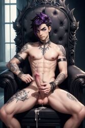 ai_generated blue_eyes large_penis purple_hair sitting_on_chair solo_male tattoos vadiryi vadiryi's_oc yaoi