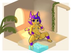 :< animal_crossing ankha_(animal_crossing) anthro areola bangs blue_areola blue_body blue_fur blunt_bangs bob_cut detailed_background domestic_cat dwunny1 eyebrow_through_hair eyebrows feet felid feline felis female flat_chested fur genitals hair looking_at_viewer mammal markings nintendo nude pussy sitting solo spread_legs spreading striped_markings striped_tail stripes swimming_pool tail tail_markings thick_thighs translucent translucent_hair uraeus water wide_hips yellow_body yellow_fur