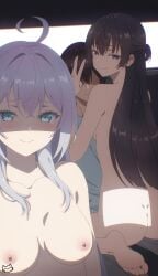 2girls alisa_mikhailovna_kujou car car_interior car_sex extremely_large_filesize female kuze_masachika peace_sign suou_yuki tokidoki_bosotto_russian_de_dereru_tonari_no_alya-san