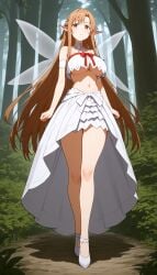 ai_generated dress ear_covers elf fairy fairy_wings forest full_body gumi_arts large_breasts light_brown_eyes light_brown_hair long_hair looking_down midriff navel pointy_ears ribbon stable_diffusion sword_art_online thick_thighs underboob yuuki_asuna