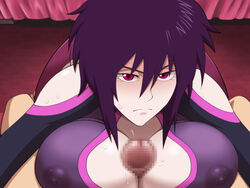 4st_injection areolae bed blush breast_press breasts censored cleavage cleavage_cutout clothed_female_nude_male detached_collar erect_nipples female highres indoors kneeling large_breasts liebert long_sleeves looking_at_viewer majin_bone mosaic_censoring nipples paizuri penis purple_hair red_eyes see-through short_hair solo_focus sweat