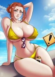 1girls beach big_breasts bikini breasts brown_eyes brown_hair busty curvaceous curvy curvy_body curvy_female curvy_figure female glasses huge_breasts kaii_to_otome_to_kamikakushi large_breasts mole mole_under_eye short_eyebrows small_eyebrows sumireko_ogawa thick_thighs thighs valenvenge voluptuous