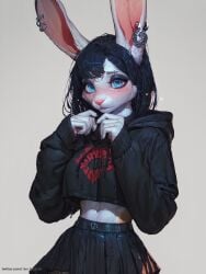 1female 1woman abs absurd_res absurdres ai_generated anthro bangs black_hair blue_eyes blush blush bunny_ears cute earrings female female female_focus female_only furry furry_only goth hoodie iluvhooves midriff miniskirt rabbit rabbit_ears skirt solo solo_anthro solo_female solo_focus stable_diffusion white_fur