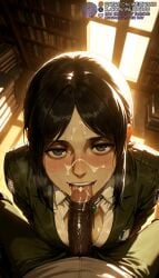 1boy after_fellatio ai_generated attack_on_titan back bags_under_eyes black_eyes black_hair blue_eyes blush book bookshelf breasts camouflage_jacket cleavage collared_shirt cum cum_in_mouth cum_on_hair cum_on_tongue dark-skinned_male dark_penis dark_skin erection facial fellatio female from_above green_jacket indoors interracial jacket jewelry library licking licking_penis looking_at_viewer medium_breasts meitabuu open_mouth oral pants parted_bangs penis pieck_finger pov pov_crotch saliva shingeki_no_kyojin shirt sidelocks smile solo_focus straight sunlight sweat teeth tongue tongue_out uncensored uniform upper_teeth_only veins veiny_penis white_shirt window