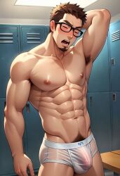 abs ai_generated armpit_hair balls bara big_balls big_penis brown_hair bulge chest_hair facial_hair gay gordon_freeman half-life ilovementits locker_room male male_only muscular muscular_male nipples pecs penis pubic_hair thighs underwear yaoi yawning