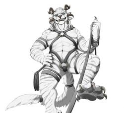 2015 abs ambiguous_gender anthro bondage charr claws fangs feline flat_chested flogger fur guild_wars hand_on_hip harness hindpaw horn kyvax leash looking_at_viewer maara male_only mammal multi_ear muscular nude paws pose simple_background solo teeth video_games whip white_fur