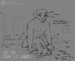 2_fingers adam_wan anthro anthro_on_anthro anthro_only anthro_penetrated anthro_penetrating anthro_penetrating_anthro anthrofied bed bedroom closed_eye cub cum cum_in_ass cum_inside dialog dialogue dialogue_box dog doggy_style doggystyle dogs flat_chest flat_chested fully_nude furry_only grabbing_hand hetero_sex heterosexual indoors indoors_sex male/female moan moaning moaning_in_pleasure muscular_male nighttime no_humans nude penis_in_ass salivating size_difference sketch straight straight_sex sweat sweatdrop sweating tongue_out watch weight_difference zaush