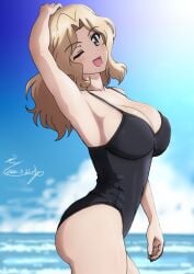 ;d arm_up armpits black_one-piece_swimsuit blonde_hair blue_eyes blue_sky blurry blurry_background blush breasts bukkuri casual_one-piece_swimsuit cleavage collarbone commentary_request cowboy_shot dated day depth_of_field female from_side girls_und_panzer highres horizon kay_(girls_und_panzer) large_breasts long_hair looking_at_viewer looking_to_the_side md5_mismatch ocean one-piece_swimsuit one_eye_closed open_mouth outdoors parted_bangs revision signature sky smile solo sunlight swimsuit water