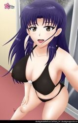 1girl 1girls bikini bikini_bottom bikini_only bikini_top black_bikini boobs breasts clouddg female female_only female_solo katsuragi_misato large_boobs large_breasts misato_katsuragi neon_genesis_evangelion only_female open_mouth purple_hair purple_pubic_hair solo solo_female solo_only swimsuit swimwear