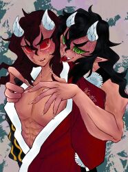 2boys before_sex demon demon_boy demon_horns demon_humanoid demon_slayer dominant dominant_male domination green_eyes green_sclera hantengu horny horny_male japanese japanese_clothes japanese_clothing japanese_male karaku kimetsu_no_yaiba long_bangs long_hair long_hair_male male male_focus male_only male_penetrating muscles muscular muscular_male pointy_ears pom_pom_(clothes) pom_poms qmaro_onisun_(artist) red_eyes red_sclera sekido sharp_teeth submissive submissive_male tan-skinned_male tan_skin tattoo tattoo_on_tongue tongue tongue_out undressing undressing_another upper_moon yaoi