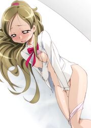 blush bra breasts brown_hair clothed_masturbation clothing female flat_chest green_eyes hair_bobbles hair_ornament long_hair lying manji_(tenketsu) masturbation minamino_kanade nipples panties panties_around_one_leg ponytail precure pretty_cure sketch solo suite_precure tied_hair underwear